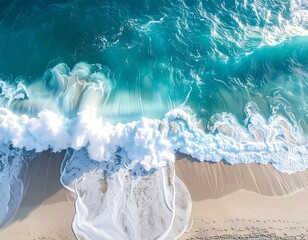 Aerial view of foamy ocean waves crashing onto a sandy beach (2)