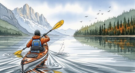 A person kayaks on a calm lake with mountain and forest reflections.