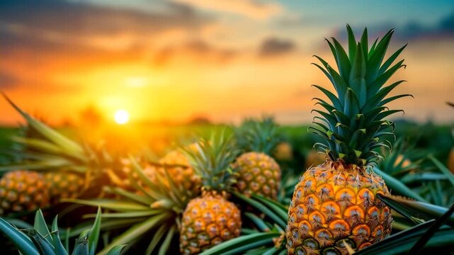 Fresh pineapples growing in tropical sunrise field

