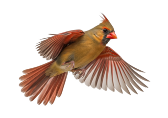 A graceful female Northern Cardinal, olive-brown plumage with red accents, black face mask, reddish beak, in mid-flight, outstretched wings, against a transparent background, concept of avian freedom