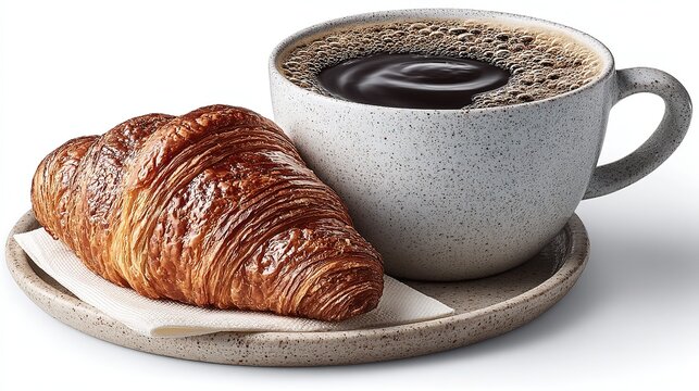 High-key PNG breakfast set: white mug black coffee + croissant on white plate & napkin, transparent bg, e-commerce ready, menu app icon