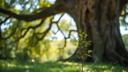Naklejka premium A young green sapling growing at the base of a large ancient oak tree. 