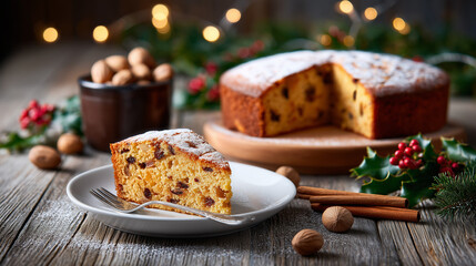 Christmas cake with walnuts and cinnamon. Christmas cake slice still life. festive holiday dessert setup background