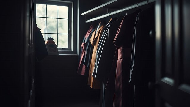 . A dimly lit cloakroom with ceremonial robes and sashes hanging, illuminated by natural window light. 