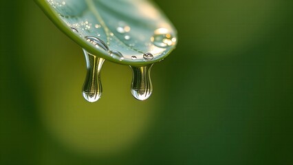 Morning dew drops falling from leaf tips in fresh morning light.