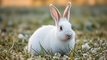 Startled white rabbit frozen in grass with perked ears, wildlife scene. 