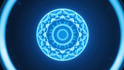  Abstract circular light halo with geometric patterns in blue and silver, symbolic medical concept. 