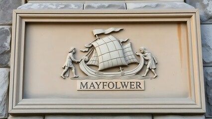  Weathered stone memorial relief depicting the Mayflower, historical monument. 