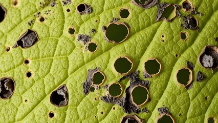  Close-up of a moth-eaten leaf showing intricate hole patterns and natural decay on its textured surface. 