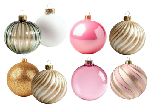 assorted realistic 3d rendered christmas ornaments, featuring textured and glossy baubles in pink, gold, and white, isolated on a solid transparent background for elegant holiday designs.