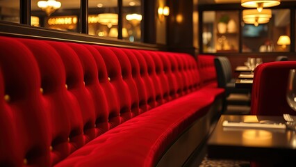  Curved velvet banquette seating in upscale restaurant with brass button details.