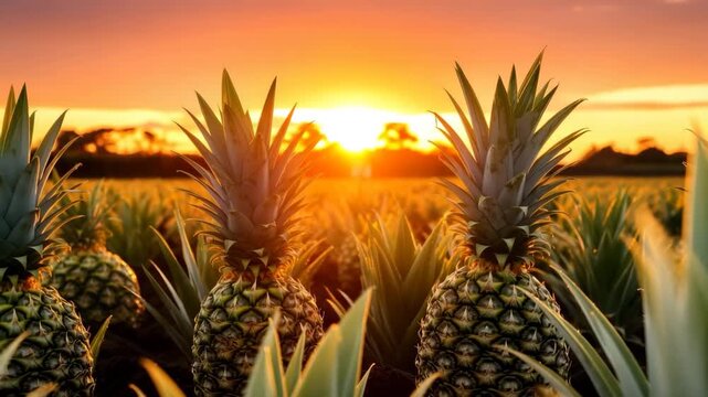 Fresh pineapples growing in tropical sunrise field

