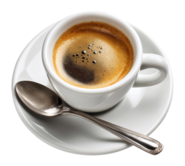 White ceramic coffee cup with fresh espresso on saucer with stainless spoon, isolated on transparent background