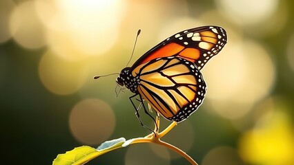  A monarch butterfly with unfolding wings perched on a leaf in morning light. 