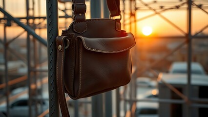Leather toolbelt hanging on scaffolding during golden hour sunset. 