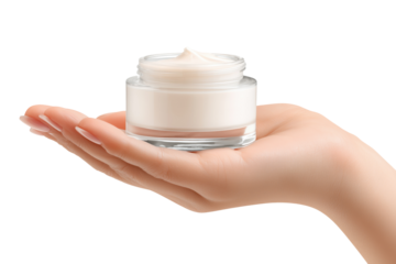 Female hand presenting open jar of white facial moisturizer cream on palm, isolated on transparent background