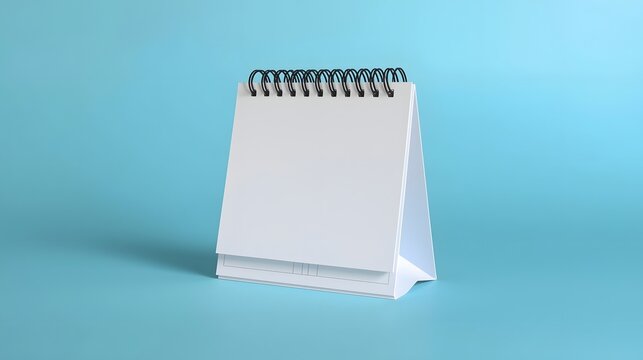 Blank standing desk calendar with spiral binding displayed on a solid blue background, ready for customization, scheduling, branding, planning, note-taking or corporate design use, offering clean mini