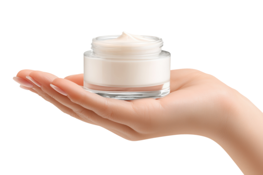 Female hand presenting open jar of white facial moisturizer cream on palm, isolated on transparent background