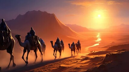 Camel caravan crossing desert during sunset
 - Powered by Adobe