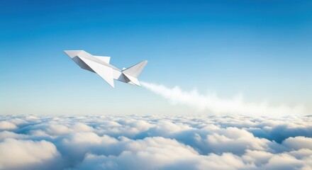 Fototapeta premium Paper airplane soars above fluffy clouds against a bright blue sky symbolizing ambition and