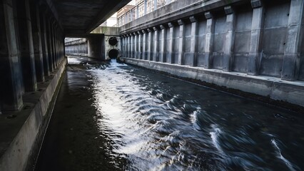 Concrete channel with flowing water under an urban bridge, part of a drainage or industrial water system.