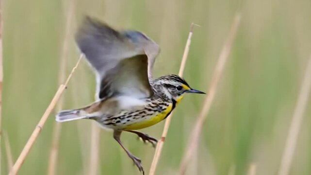 A meadowlark perched on a thin branch against a blurred background of green and brown grasses bird video