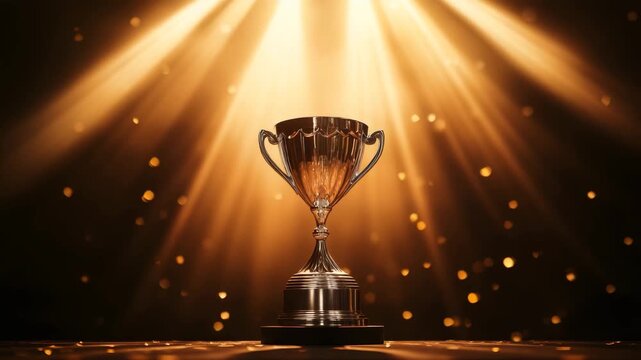 Gold trophy under dramatic spotlight stage