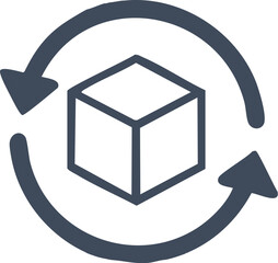 Icon of a cube with a circular arrow indicating rotation or recycling of a package or product