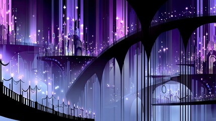 A surreal, fantastical cityscape bathed in vibrant purple and blue hues, featuring glowing lights and intricate architectural elements.