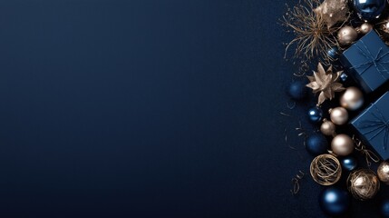 Luxury dark blue Christmas flat lay background with gold ornaments and gifts, Elegant navy blue holiday banner with side border and copy space