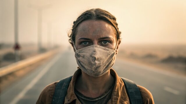 A person wearing a mask stands on an empty road, with dust on their face, symbolizing challenges and resilience in a harsh environment.