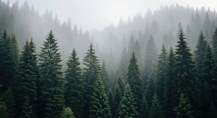 Misty evergreen forest landscape with tall trees and fog in the background, creating a serene scene