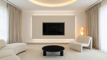Luxury Living Room with Wall Mounted TV and Tufted Beige Panels