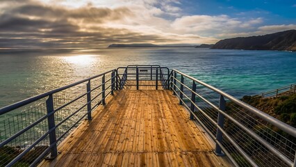 A wooden viewing platform with metal railings overlooking a vast ocean at sunset, with distant coastline and dramatic cloudy sky.
