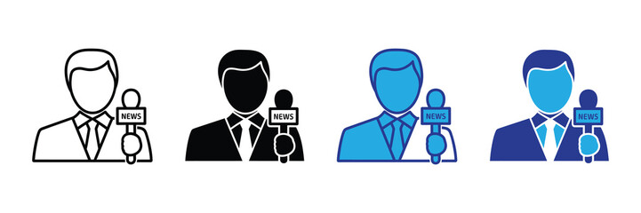 Set of four icons depicting a reporter holding a microphone with the word news, in outline, solid black, blue, and navy blue styles, isolated on white.