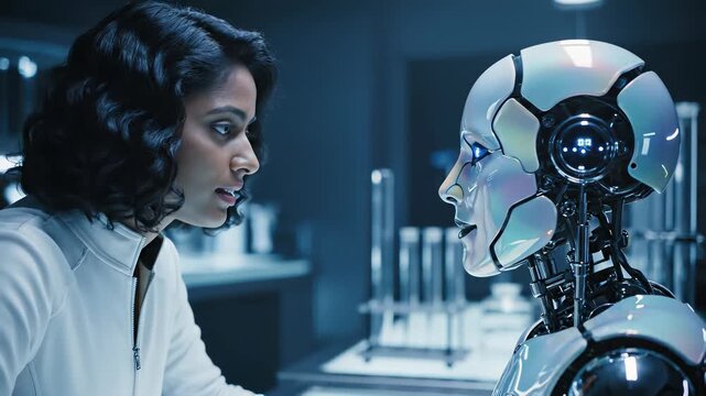 A woman in a laboratory stands alongside a robot with a laptop, symbolizing the fusion of human ingenuity and technological innovation as she holds a CD, nostalgic to the era of physical media.