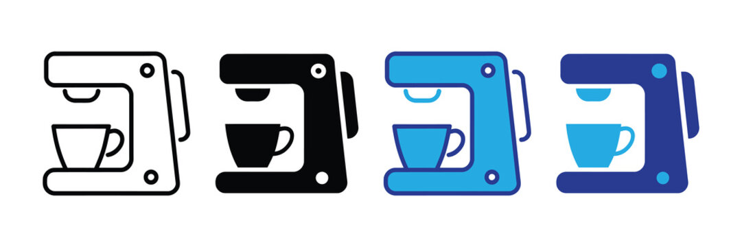 Collection of four stylized coffee maker icons in different styles and colors, representing the brewing process and morning beverage preparation.