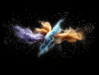 Vibrant clouds of purple, blue, and orange powder explode outwards against a stark black background, creating a dynamic and energetic visual.