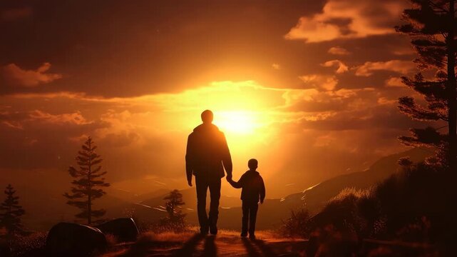 Father and son walk into sunset together
