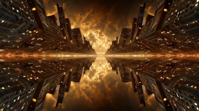 Folding new york cityscape in the mirror dimension, fractal reality warp, buildings bending and duplicating infinitely, glowing golden mandala patterns in the sky, cinematic, dramatic lighting,