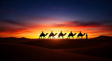 Silhouetted camel caravan at sunset with a vivid sky and sand dunes.