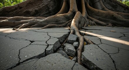 Large tree roots breaking and lifting a cracked asphalt surface, showcasing nature's power and urban decay.