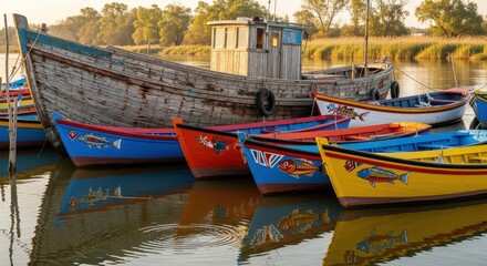 Obraz premium Vibrant fishing boats and tranquil water create a captivating scene on a serene river