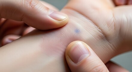 Close-up of hands examining a bruise on a child's wrist, skin detail.