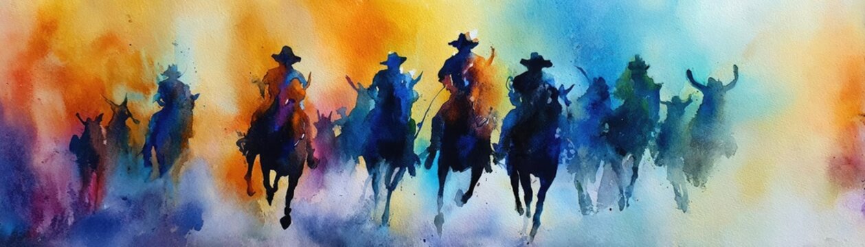 Country music festival live with cowboys in barn concept. Vibrant watercolor painting of cowboys riding horses in motion.