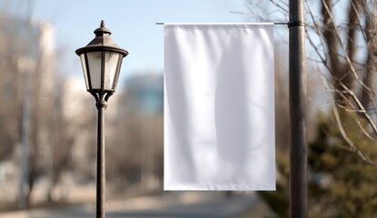 Stylish photo of white blank banner on a vintage lamppost in an urban setting
