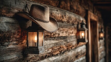 Cowboy interior with old wooden wall background concept. A rustic cowboy hat hangs beside vintage lanterns on wood.
