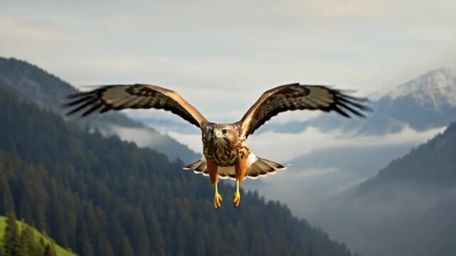 A majestic hawk soars gracefully with its wings spread wide over a mountainous landscape view bird video