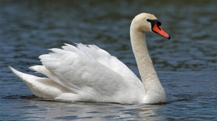 A beautiful white swan swims smoothly in a peaceful lake creating gentle ripples in the water.