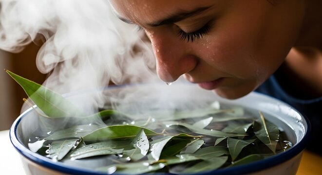 Woman inhales steam from a bowl of water with eucalyptus leaves, seeking relief.